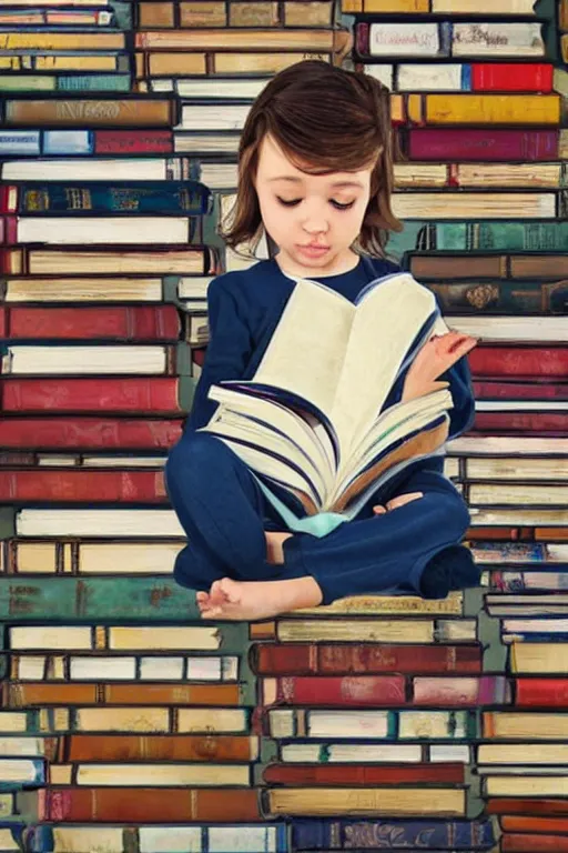 Image similar to a little girl sits cross legged on top of a tall pile of books. she is reading. clean elegant pretty cartoon painting, beautiful detailed face.