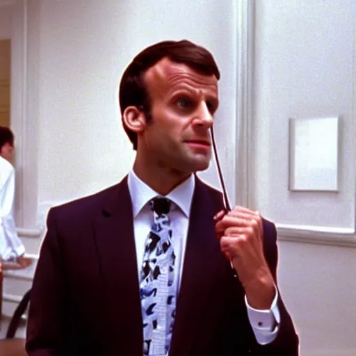 Image similar to Emmanuel Macron wearing Hawaiian shirt in American Psycho (1999)