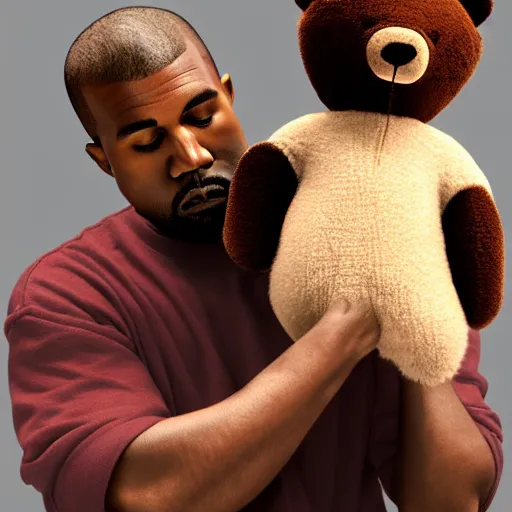 Image similar to 3d render of Kanye West holding a light-brown teddy bear in his arms, highly detailed, HD, 4k, 8k, Canon 300mm, professional, 40mp