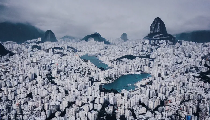 Image similar to the city of rio de janeiro covered in snow, winter photograph, snowing, wide shot, landscape, 4 k, award winning photograph, beautiful, trending on instagram