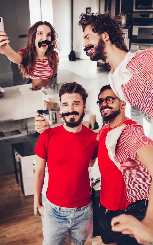 Image similar to Party at the apartment. A guy in a red t-shirt with a mustache and beard smiles in a selfie. Behind is a girl in a striped T-shirt. photo realistic 4k hd