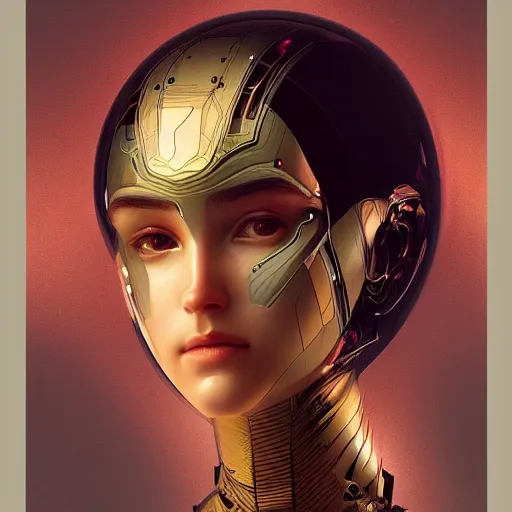 Image similar to headshot of humanoid robot from ex machina, intricate, headshot, highly detailed, digital painting, artstation, concept art, sharp focus, cinematic lighting, illustration, art by artgerm and greg rutkowski, alphonse mucha, cgsociety