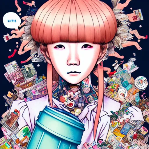 Image similar to personification of trashcan as a person, style of yoshii chie and hikari shimoda and martine johanna and studio ghibli, highly detailed