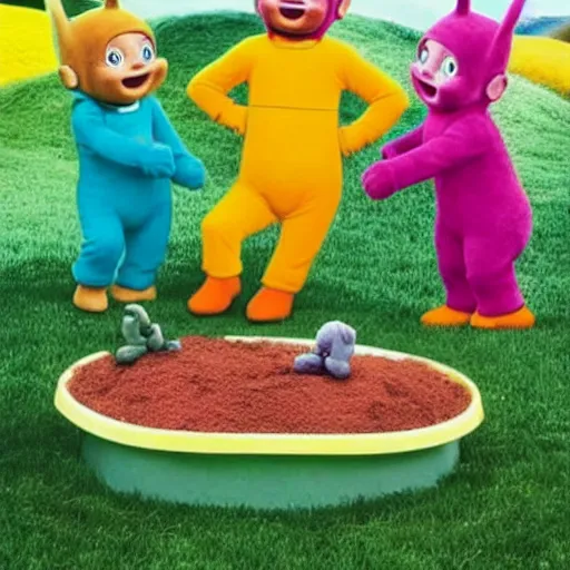 Image similar to teletubbies burying a man alive