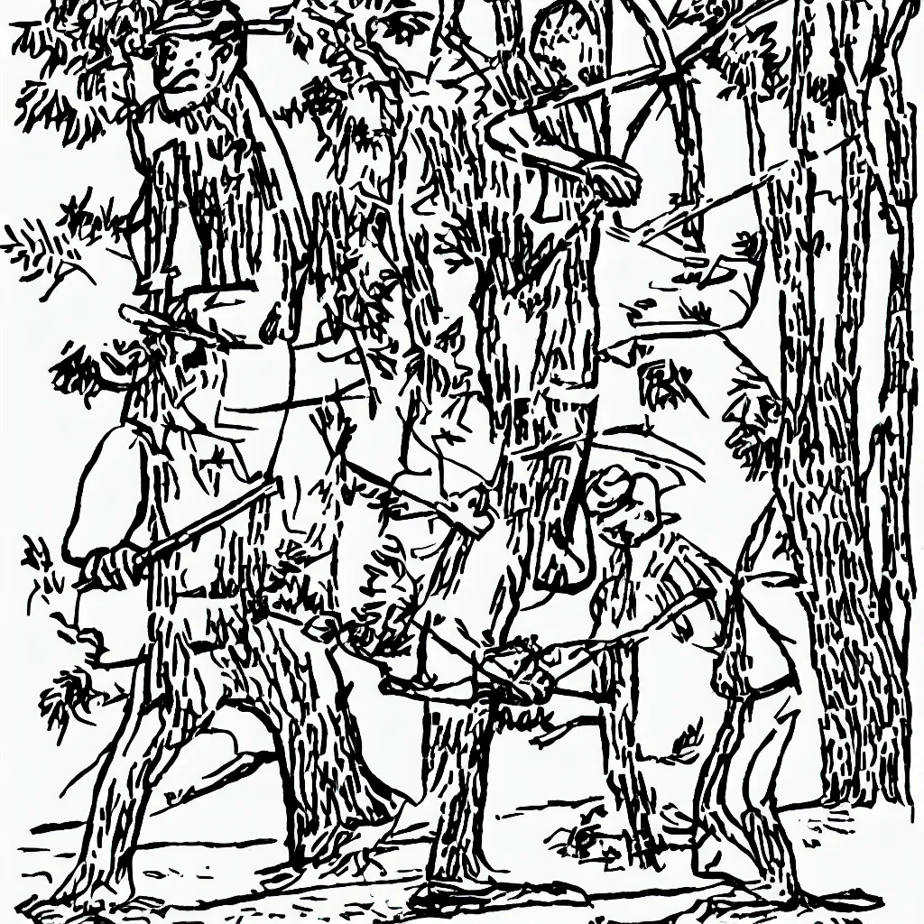 Image similar to xkcd style illustration of a stick figure, trying to chop a tree with a blunt axe.