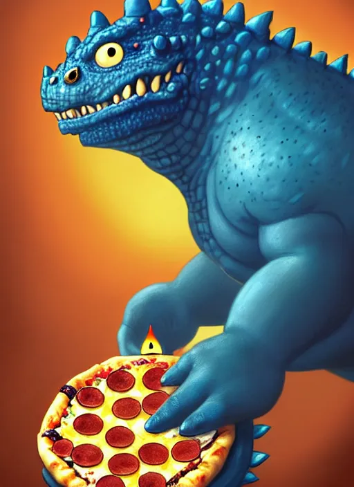 Prompt: portrait of a smiling small fat blue godzilla with a pizza, wearing a propeller beanie, intricate, elegant, candle light, highly detailed, digital painting, artstation, concept art, smooth, sharp focus, illustration, art by wlop, mars ravelo and greg rutkowski
