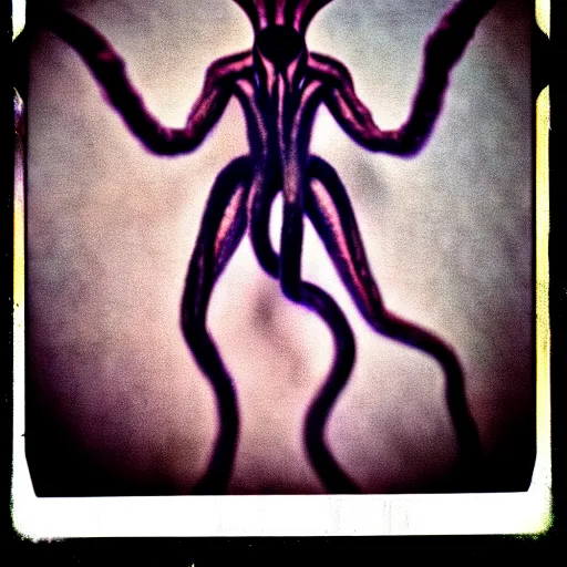 Image similar to nyarlathotep, hyperealistic detailed photography polaroid, 5 0 mm lens, motion blur, grainy image