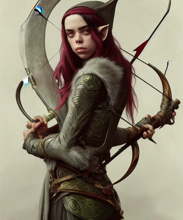 Image similar to Billie Eilish as a fantasy elf with a bow and arrow, portrait, fantasy, intricate, elegant, highly detailed, digital painting, artstation, concept art, smooth, sharp focus, illustration, art by artgerm and greg rutkowski and alphonse mucha