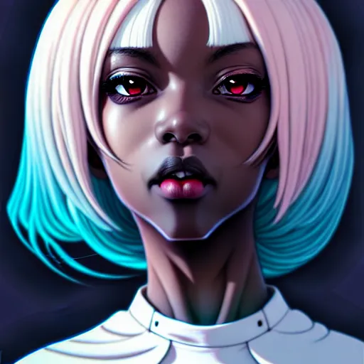 Image similar to portrait of a black anime manga girl, french bob hair, white hair, by artgerm, james jean, tom bagshaw, gerald brom, vaporwave colors, lofi colors, vaporwave, lofi, goth vibe, 4 k, smooth, hd, substance designer render, full body character concept art, symmetrical, 2 point lighting,