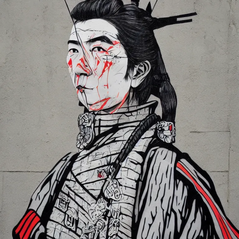 Image similar to Street-art portrait of samurai in style of Banksy, photograph, photorealism, detailed, award wining, 4k