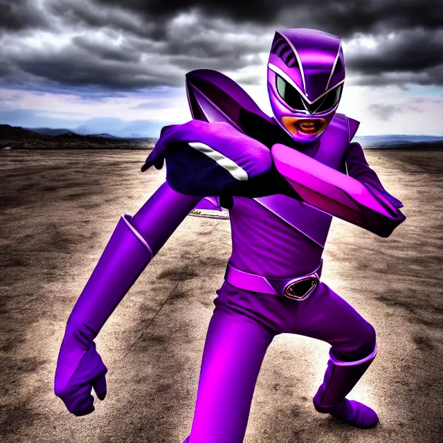 Image similar to purple power ranger, 8 k, hdr, smooth, sharp focus, high resolution, award - winning photo