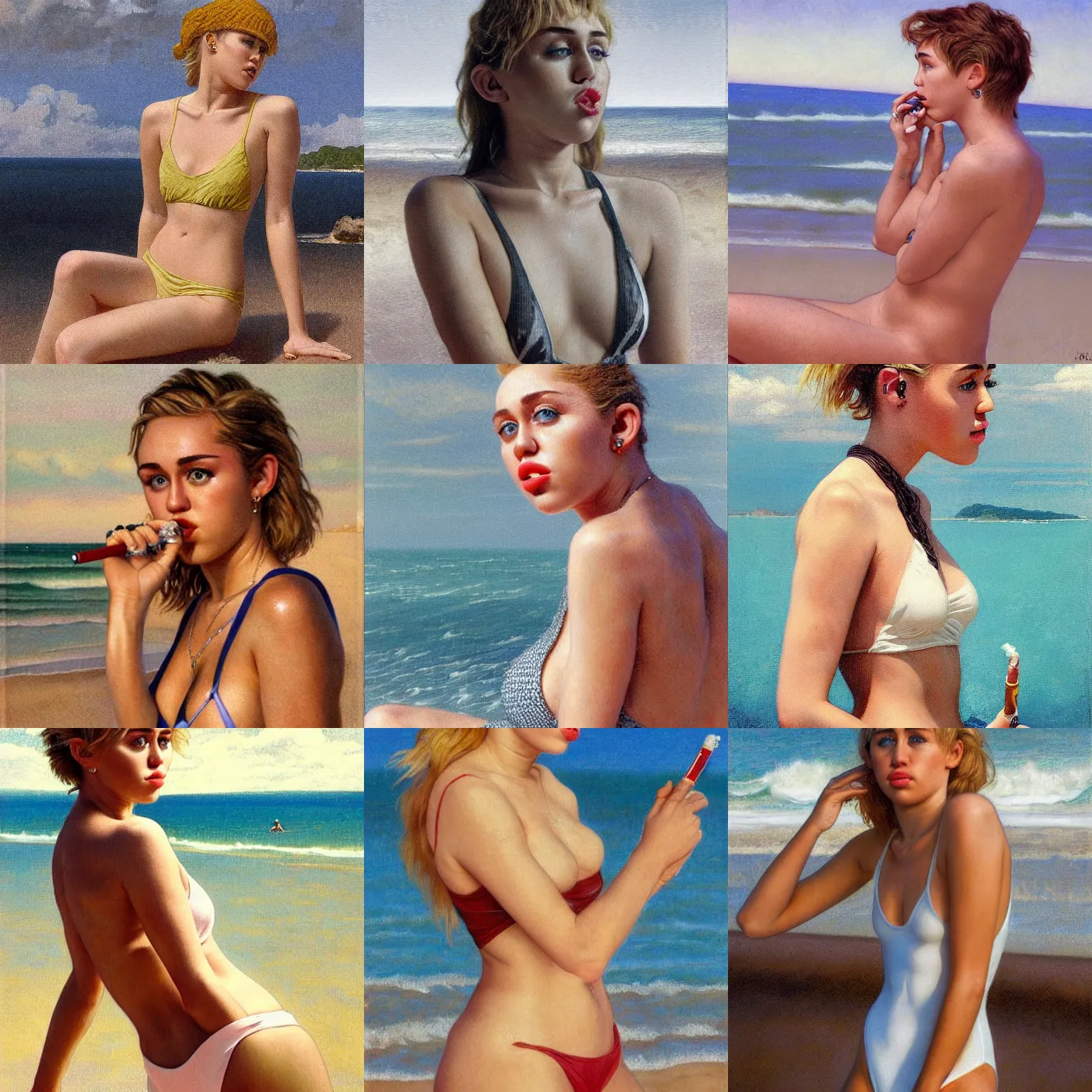 Prompt: portrait of 2 0 years old miley cyrus in swimsuit smoking a cigarette on a beach, intricate, hyperdetailed, photorealistic, diffuse lighting, hdrp, artstation, unreal 5, smooth, textless, sharp focus, art by john collier, albert aublet, krenz cushart, artem demura, alphonse mucha