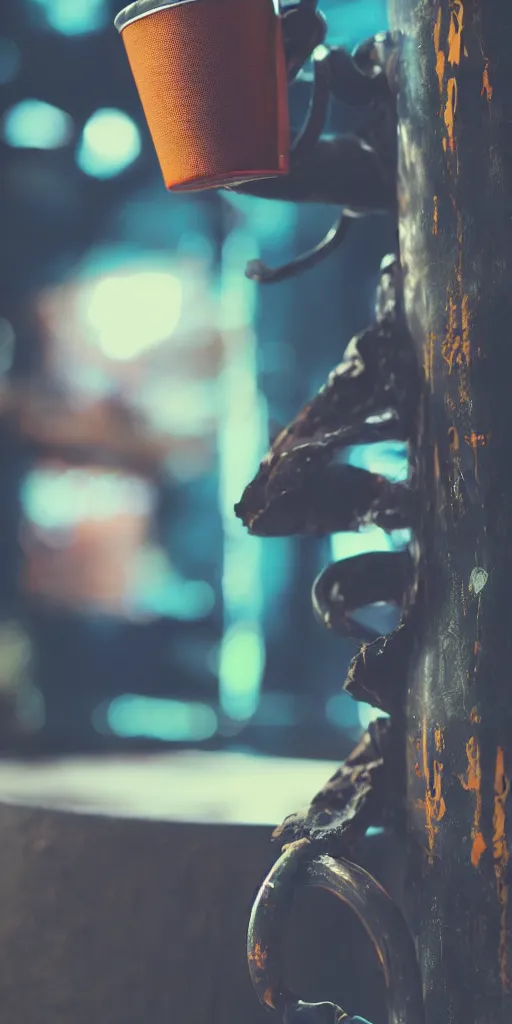 Prompt: metal mug, filled with steaming hot coffee, standing on a table. future. japan. cyberpunk style. closeup. colorful.