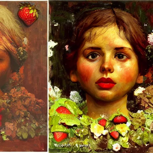 Image similar to a sculpture portrait made of candys and strawberries and melted chocolate and plants, painting part by wojciech siudmak, part by ilya repin, part by max ernst, part by norman rockwell, artstation