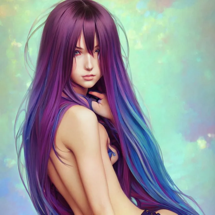 Image similar to full body portrait, a beautiful symmetrical gorgeous anime girl, rainbow hair, attractive, casual, modern, victoria's secret, highly detailed, digital painting, artstation, concept art, smooth, sharp focus, illustration, art by artgerm, greg rutkowski and alphonse mucha, 8 k,