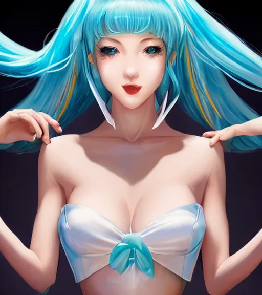 Prompt: Beautiful Hatsune miku by artgerm, magali villeneuve, Gil Elvgren, Earl Moran, Enoch Bolles, symmetrical shoulders, opened mouth