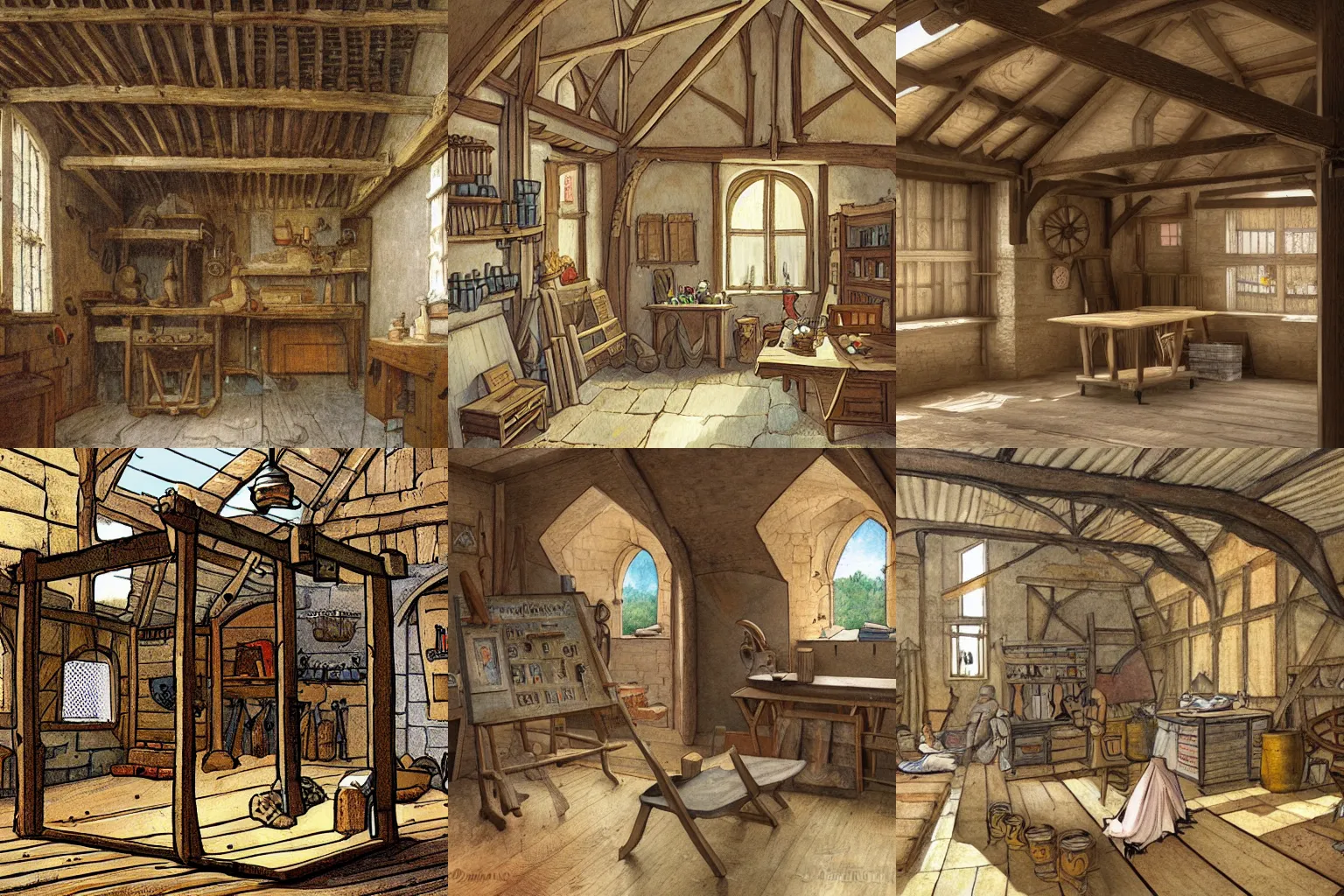 Prompt: a medieval workshop. bright, airy, illustration.