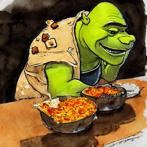 Image similar to shrek eating a big burrito, watercolor, in the style of yoji shinkawa