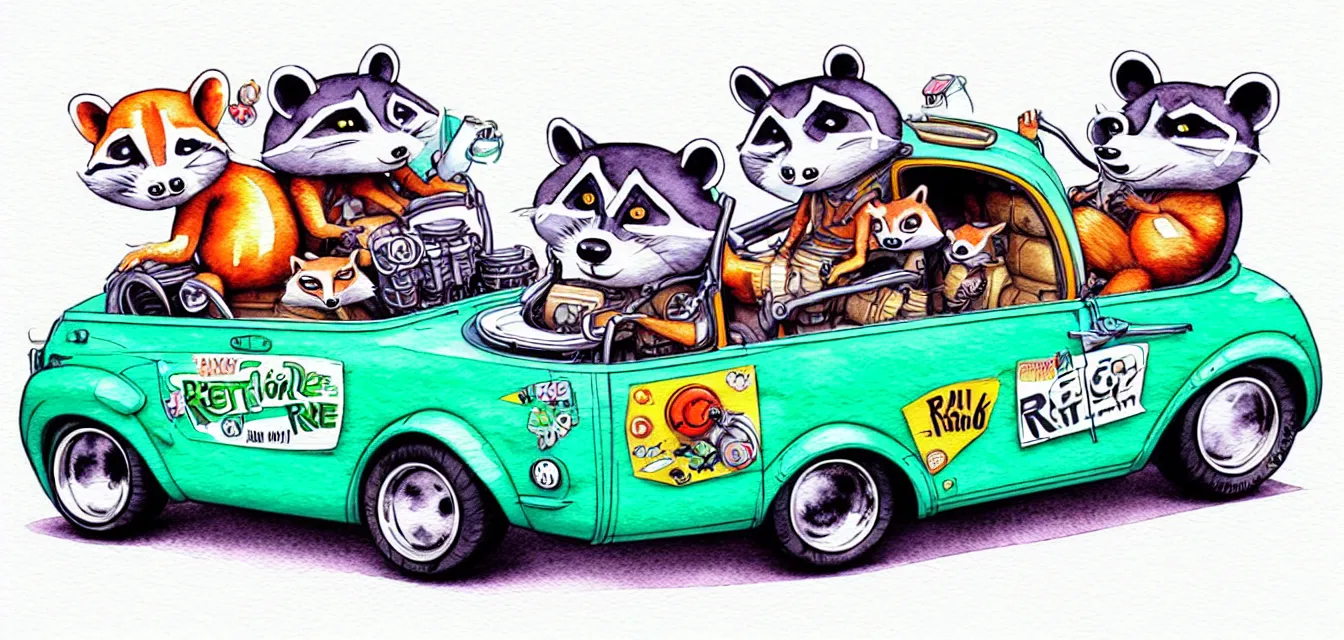 Image similar to cute and funny, racoon riding in a tiny hot rod with oversized engine, ratfink style by ed roth, centered award winning watercolor pen illustration, isometric illustration by chihiro iwasaki, edited by range murata, tiny details by artgerm and watercolor girl, symmetrically isometrically centered