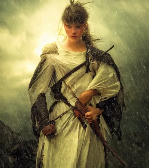 Image similar to knight, norway fjord, extreme close up portrait, hudson river school, max rive, armor made of ocean, stormy seas, beautiful, bokeh, female, snowy, storm clouds, god rays, extreme close up portrait, d & d, fantasy, elegant, low key color palette, concept art, roger deakins and greg rutkowski and alphonse mucha