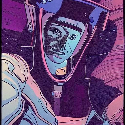 Image similar to Moebius portrait of a space mining operative, tense look, amazing sci-fi portrait, 1980s sci-fi