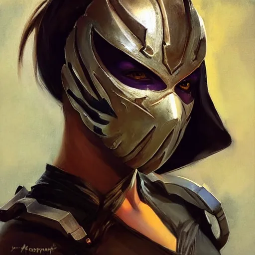 Image similar to greg manchess portrait painting of mileena from mortal kombat wearing a halfmask covering her mouth as overwatch character, medium shot, asymmetrical, profile picture, organic painting, sunny day, matte painting, bold shapes, hard edges, street art, trending on artstation, by huang guangjian and gil elvgren and sachin teng