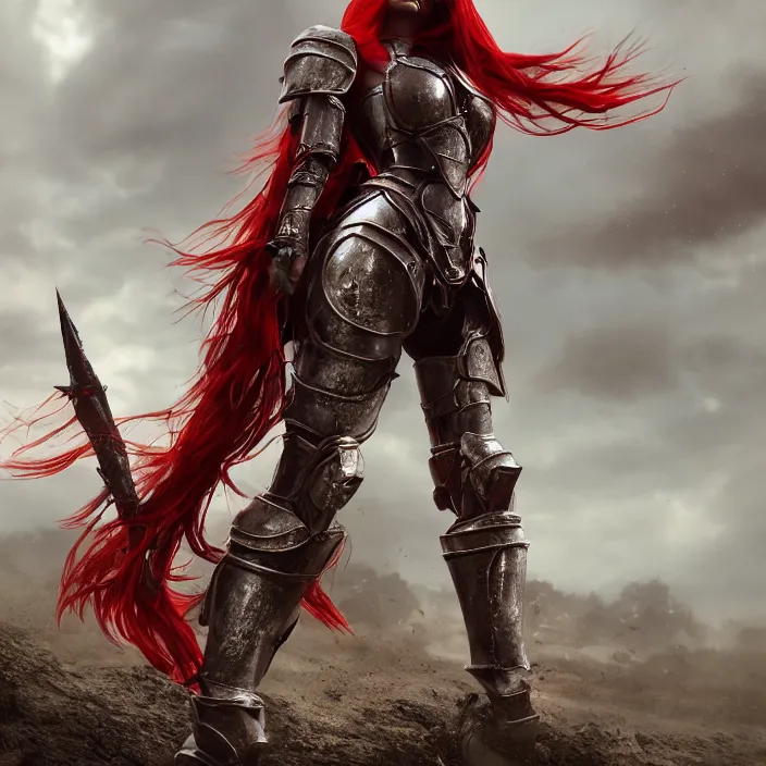 Prompt: a girl with a long red hair wearing a full-body red plate armor standing in a battlefield, anatomically correct, hyperrealistic, concept art, octane render, unreal engine 5, 8K HDR, highly detailed, high quality, fantasy armor