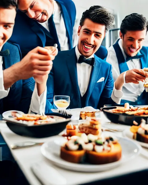 Image similar to a group of well dressed gentleman eating blue toothpaste toasts in a fancy restaurant,