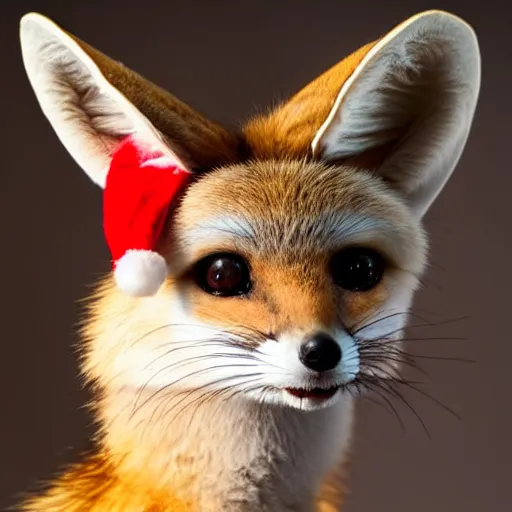 Prompt: a close up, studio colour photograph of a fennec fox wearing a santa hat, dramatic backlighting at golden hour, wide angle 20mm lens