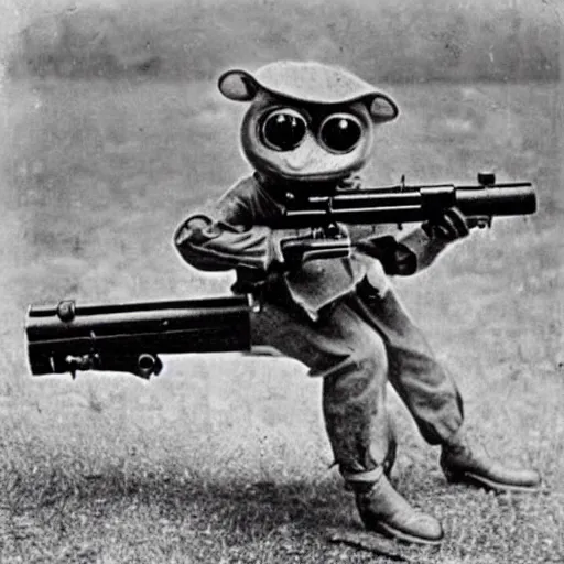 Prompt: old wartime photograph of crazy frog holding a lewis gun, 1 9 1 7