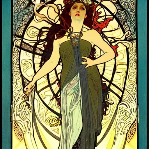 Image similar to persephone as godess of death, painted by alphonse mucha