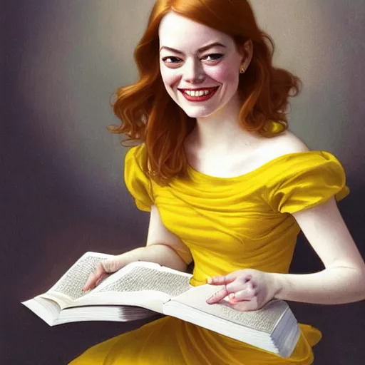 Prompt: a smiling emma stone wearing a yellow dress and reading a book, masterpiece, intricate, elegant, highly detailed, digital painting, artstation, concept art, smooth, sharp focus, illustration, art by artgerm and greg rutkowski and alphonse mucha and uang guangjian and gil elvgren and sachin teng, symmetry!!