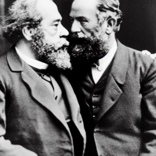 Prompt: Karl Marx and Sigmund Freud hugging and kissing, 1920, Bedroom backround