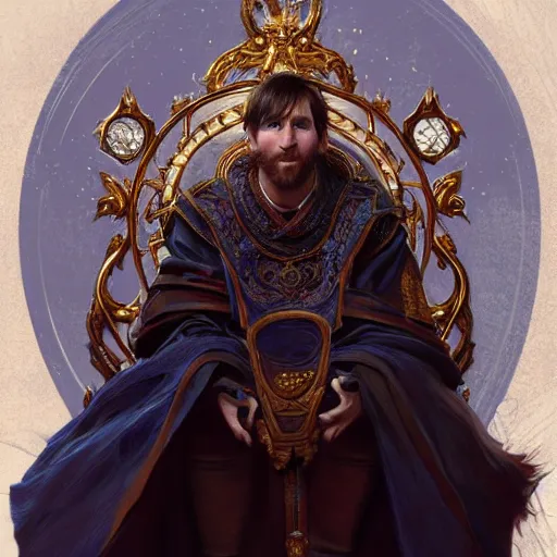 Image similar to Messi sitting on a majestic throne, closeup, D&D style, fantasy, intricate, elegant, highly detailed, digital painting, artstation, concept art, matte, sharp focus, illustration, art by Artgerm and Greg Rutkowski and Alphonse Mucha