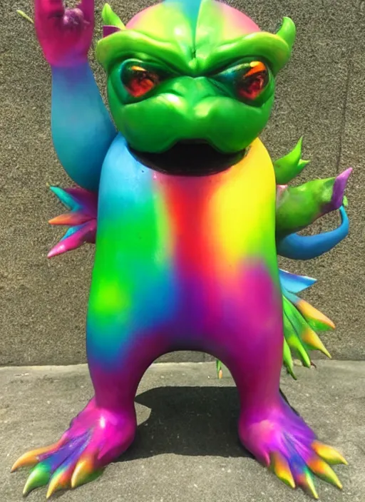 Prompt: kaiju sofubi, rainbow colored, spray painted