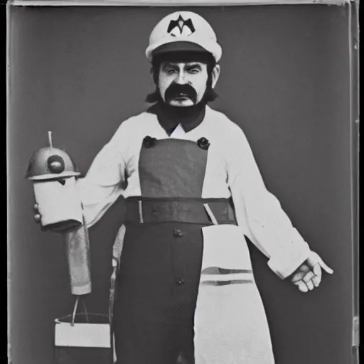 Image similar to Nintendo's Mario dressed as a plumber at the Ellis Island immigration office happily acquiring his citizenship, daguerreotype portrait