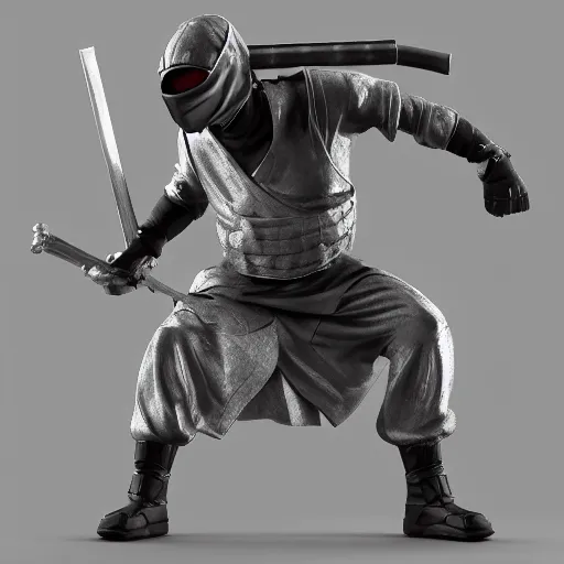 Image similar to 3 d rendering of marble and chrome statue of ninja wearing full face mask and hunter hat, dramatic pose, combat suit, technological, octane render