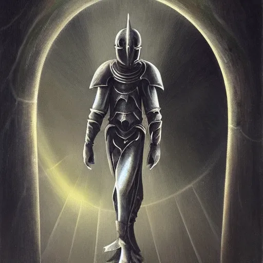 Image similar to an arrogant knight steps casually into the abyssal portal, only to be met with unimaginable horrors from beyond. his body and mind are completely annihilated as he witnesses the end of time. space itself begins to warp into a single point of light and for a few silent moments the knight knows everything, from his world and beyon. dark fantasy, oil painting, high detail