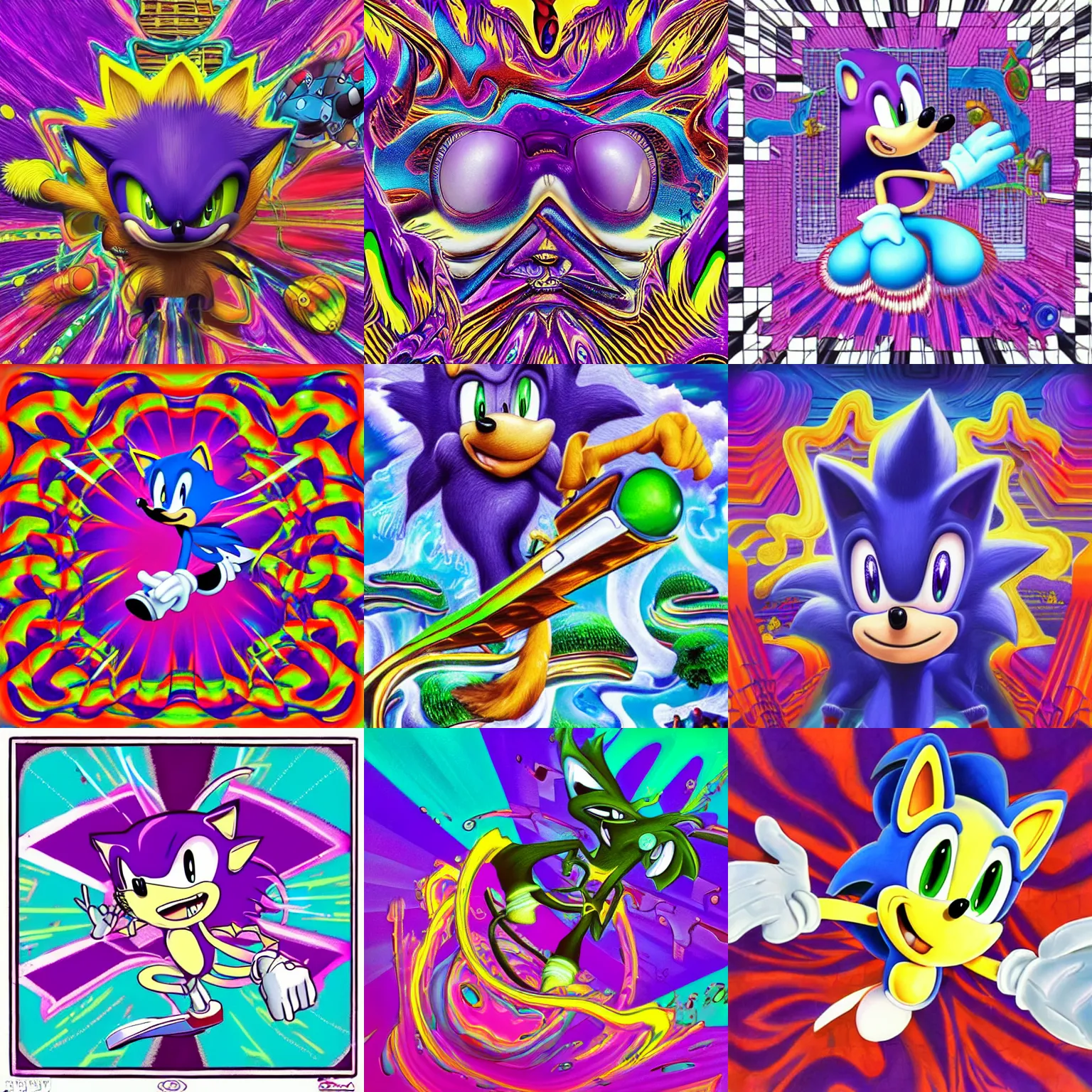 Prompt: surreal, faded, totally radical detailed professional, high quality airbrush art MGMT album cover of a liquid dissolving LSD DMT sonic the hedgehog on a flat purple checkerboard plane, 1990s 1992 prerendered graphics raytraced phong shaded album cover, in the style of John Kricfalusi