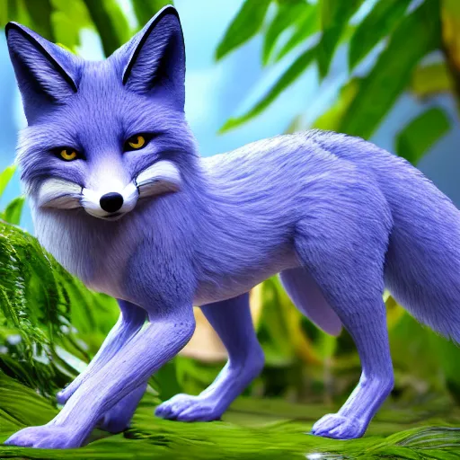 Image similar to A blue Fox in a lush forest, 8k, raytracing, hyper realistic, high detail,