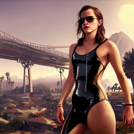 Image similar to highly detailed painting of emma watson wearing a latex suit in los santos, gta 5 cover art, stephen bliss, 8 k, by greg rutkowski, artgerm, global illumination, radiant light, detailed and intricate environment