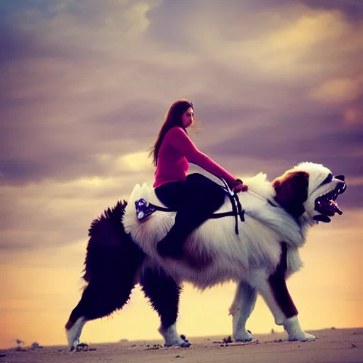 Image similar to girl riding a giant saint Bernard at the beach playing fetch, trending on artstation