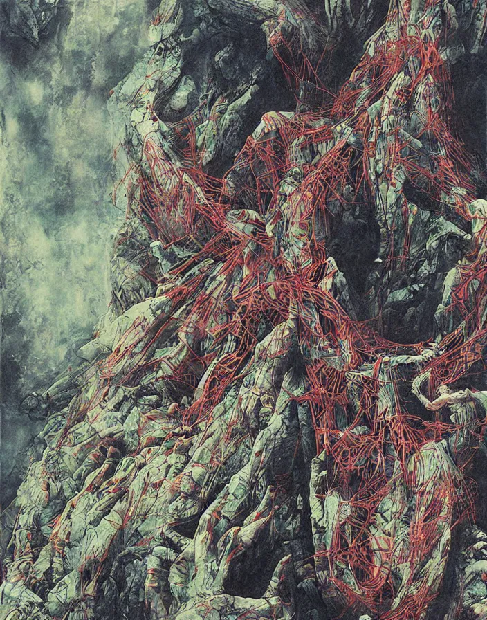 Prompt: worshippers in robes ascend a spiral staircase, spiral staircase, interior, high detailed beksinski painting, part by adrian ghenie and gerhard richter. art by takato yamamoto. masterpiece, deep colours