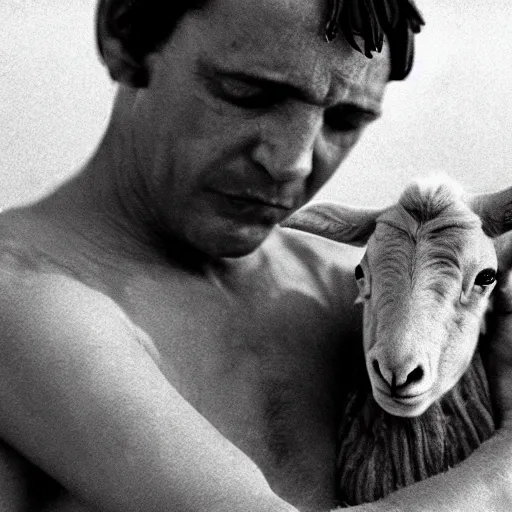 Image similar to cinematic still of man in ancient Canaanite clothing cradling a lamb, sad, anguished, somber, serious, directed by Terrence Malick