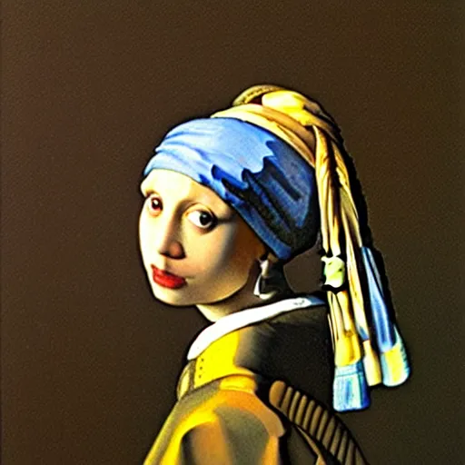 Image similar to fowl with a pearl earring art print by michael sowa, frontal portrait.