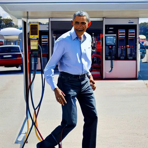 Prompt: barack obama at a gas station, with a fade haircut, wearing ripped jeans, photograph, 4 k