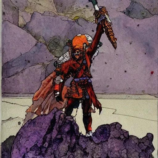 Prompt: watercolor, barbarian on mars, standing on boulder facing clouded expanse, , final fantasy tactics character, artwork by harry clarke, shrouded