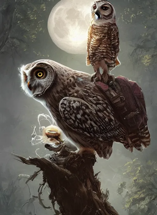 Prompt: Portrait of an Owl eating a rabbit, Dramatic clouds, Woods, Trees, Moon light, marvel comics, dark, intricate, highly detailed, smooth, artstation, digital illustration by Ruan Jia and Mandy Jurgens and Artgerm and Wayne Barlowe and Greg Rutkowski and Frank Frazetta