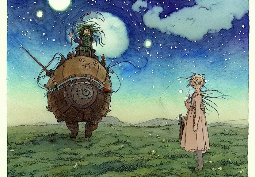 Image similar to a simple watercolor studio ghibli movie still fantasy concept art of a giant shaman from howl's moving castle ( 2 0 0 4 ) on the moors of ireland. it is a misty starry night. by rebecca guay, michael kaluta, charles vess