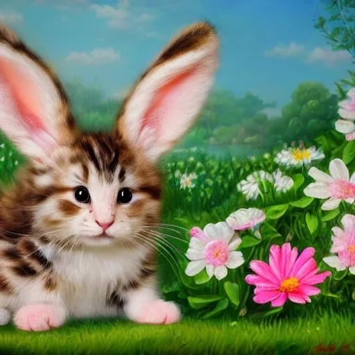 Image similar to cute fluffy hybrid animal cross between mouse, kitten, and lop eared bunny rabbit sitting on a flowery landscape detailed painting 4 k